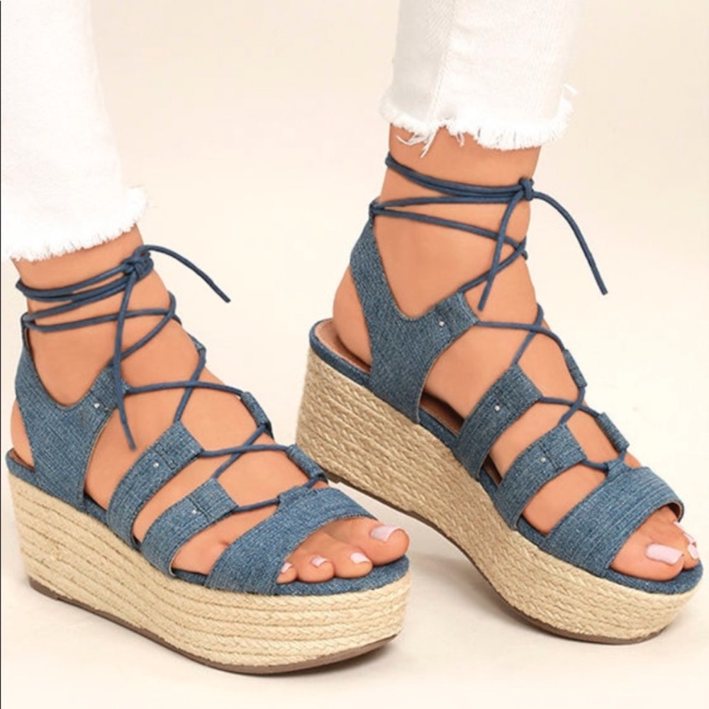 Steve Madden Brayla Blue Sandals Denim Platform Espadrilles Wedges Leather 9.5M